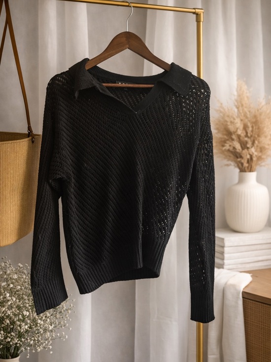Sweaters - Black Open-Knit Collared Sweater - Women